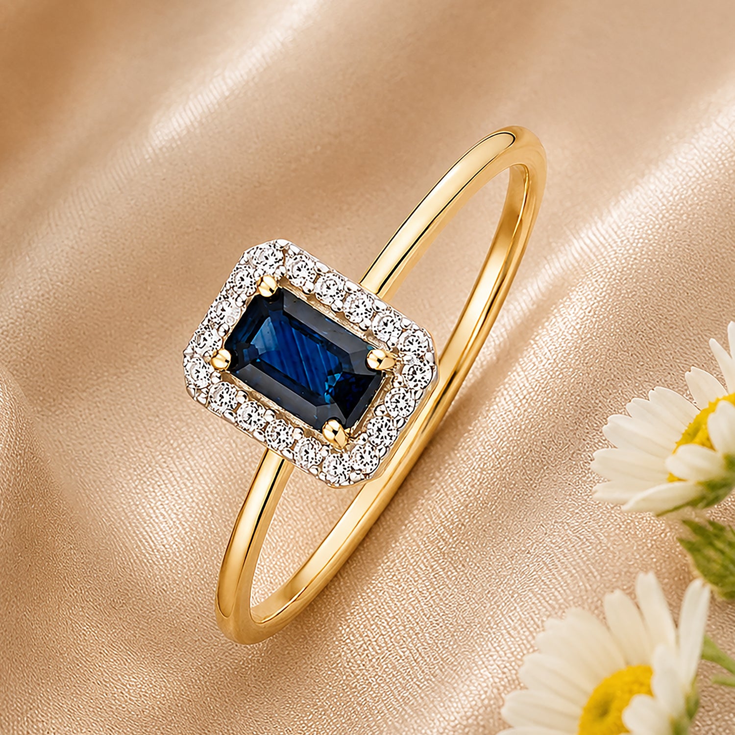 9ct Yellow Gold Sapphire and Diamond Halo Ring