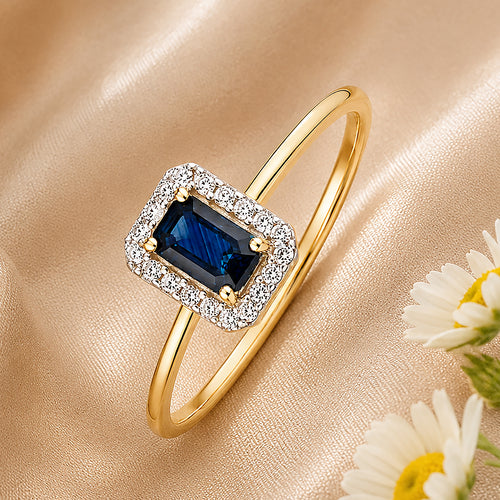 9ct Yellow Gold Sapphire and Diamond Halo Ring
