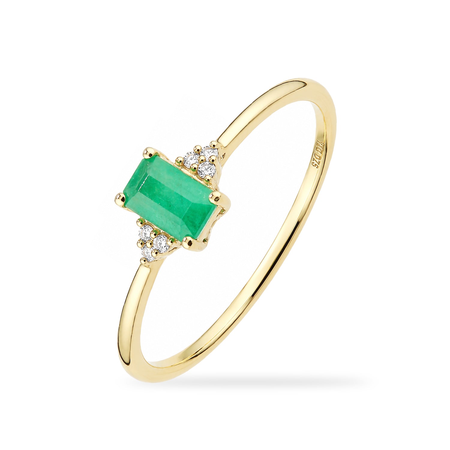 9ct Yellow Gold Emerald Promise Ring with Trilogy Diamond Shoulders