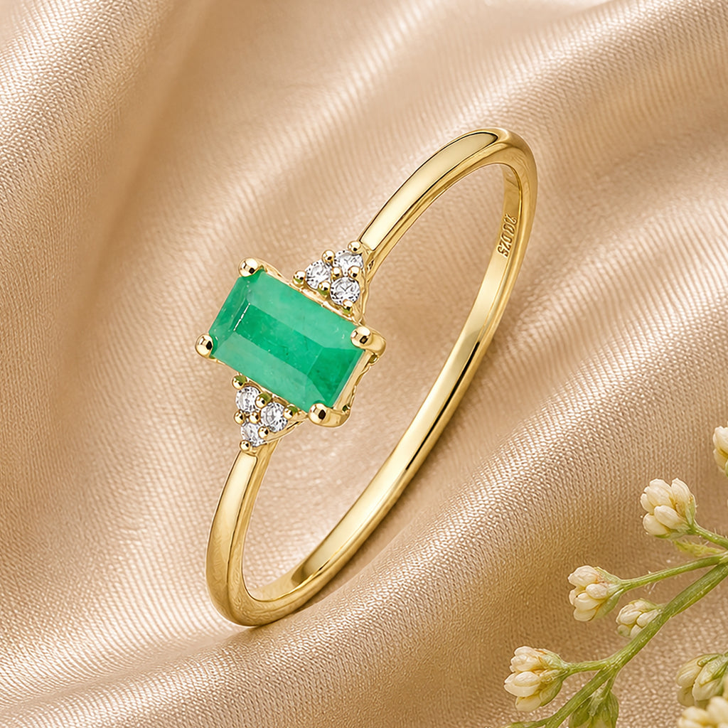 9ct Yellow Gold Emerald Promise Ring with Trilogy Diamond Shoulders