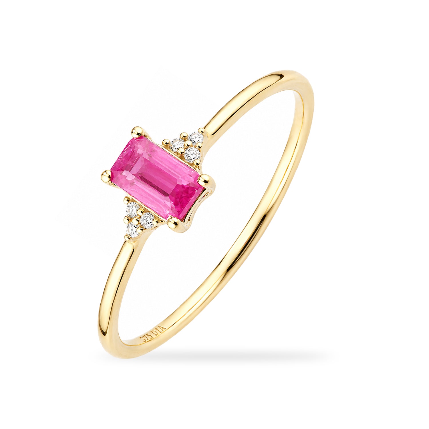 9ct Yellow Gold Ruby Promise Ring with Trilogy Diamond Shoulders