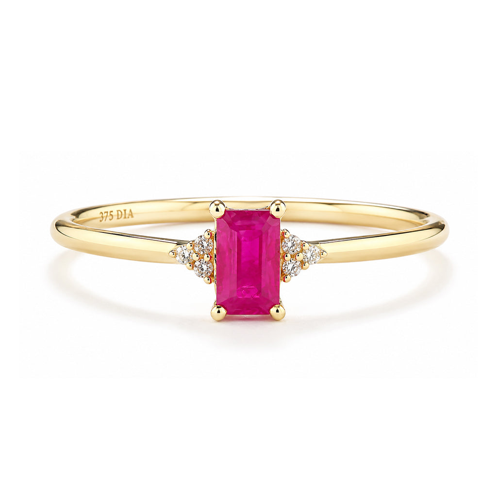 9ct Yellow Gold Ruby Promise Ring with Trilogy Diamond Shoulders