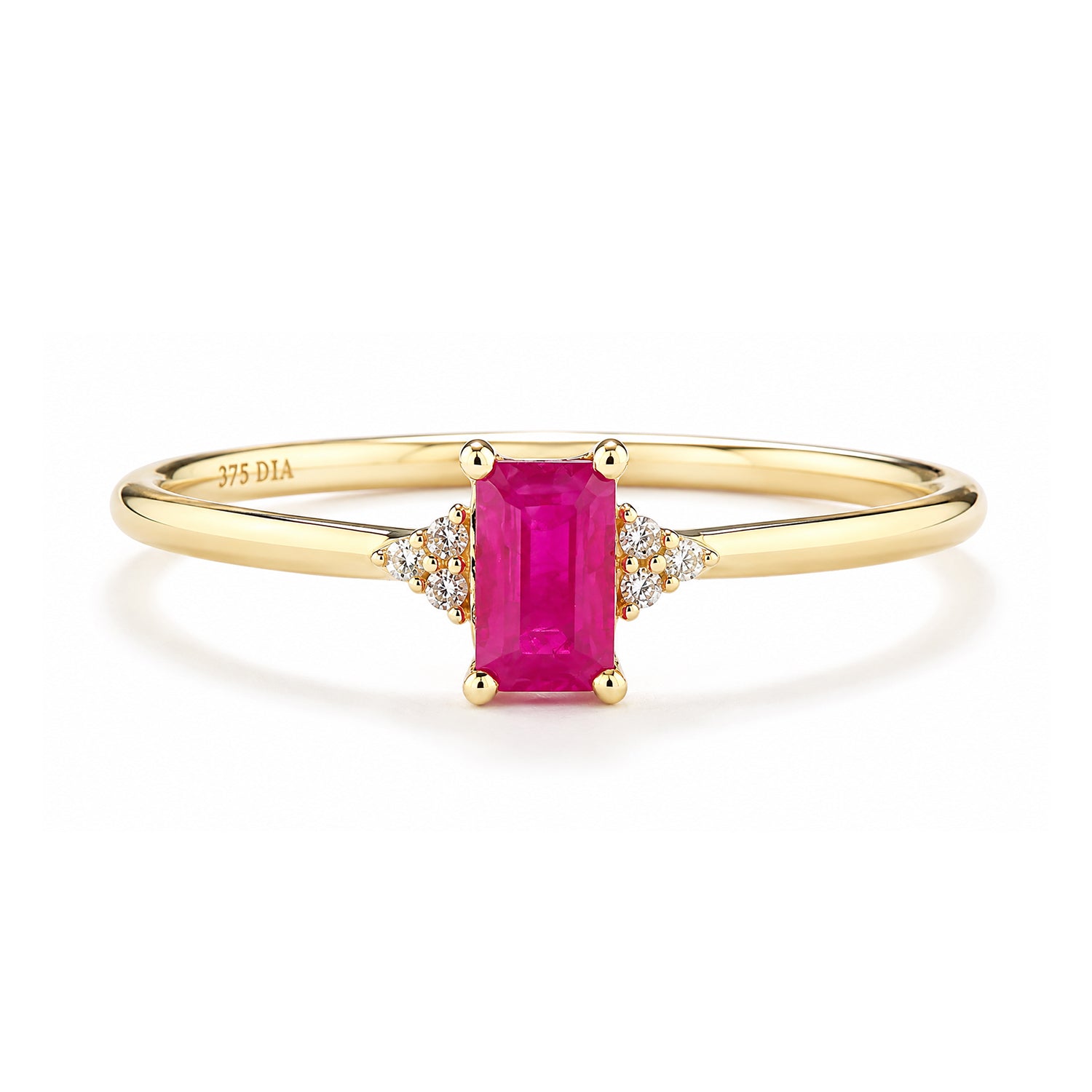 9ct Yellow Gold Ruby Promise Ring with Trilogy Diamond Shoulders