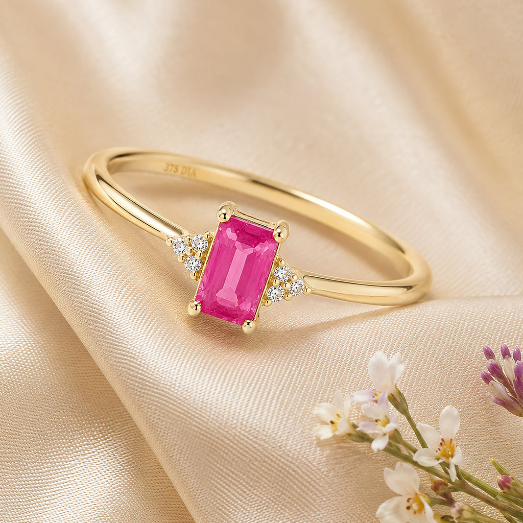 9ct Yellow Gold Ruby Promise Ring with Trilogy Diamond Shoulders