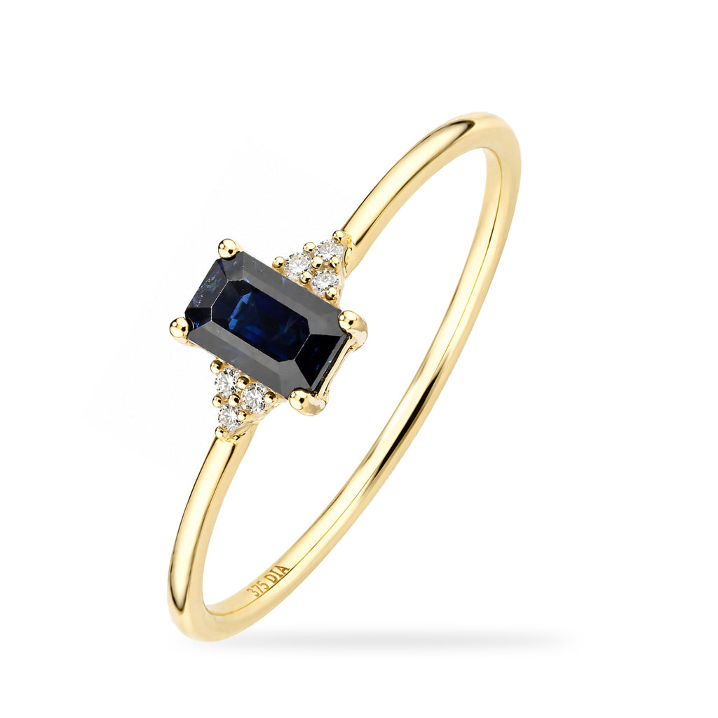 9ct Yellow Gold Sapphire Promise Ring with Trilogy Diamond Shoulders