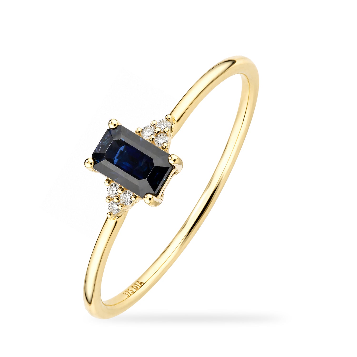 9ct Yellow Gold Sapphire Promise Ring with Trilogy Diamond Shoulders
