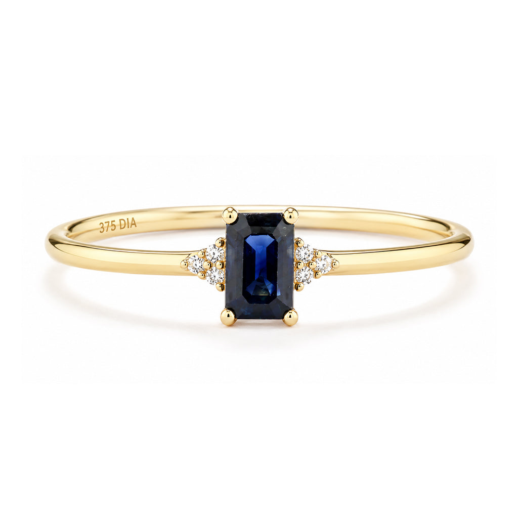 9ct Yellow Gold Sapphire Promise Ring with Trilogy Diamond Shoulders