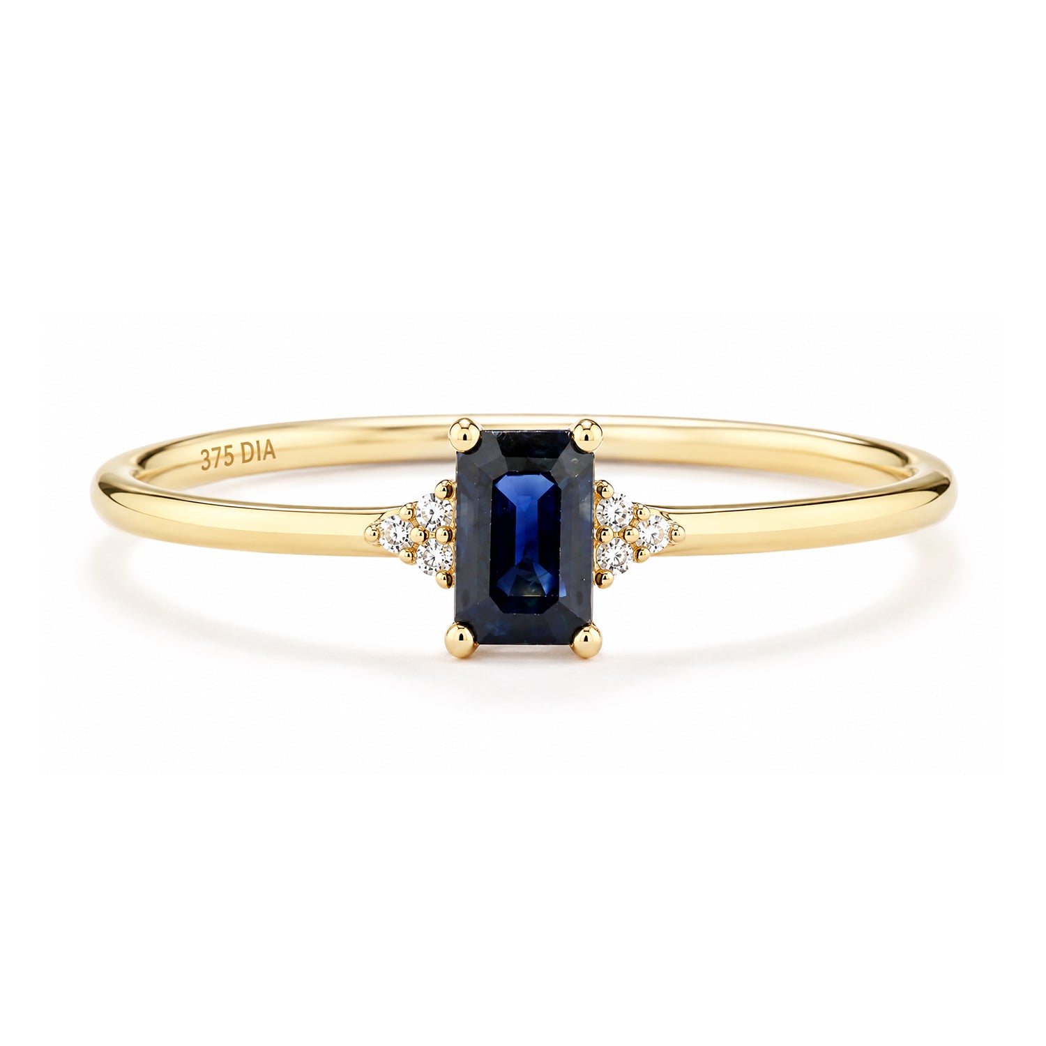 9ct Yellow Gold Sapphire Promise Ring with Trilogy Diamond Shoulders