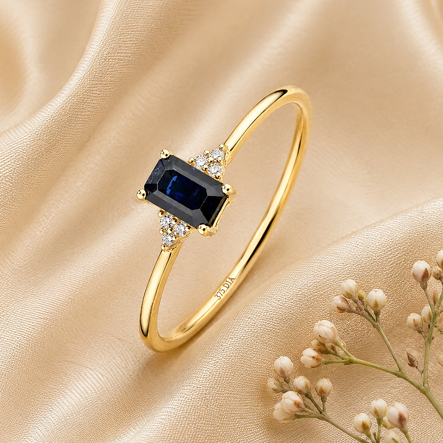 9ct Yellow Gold Sapphire Promise Ring with Trilogy Diamond Shoulders