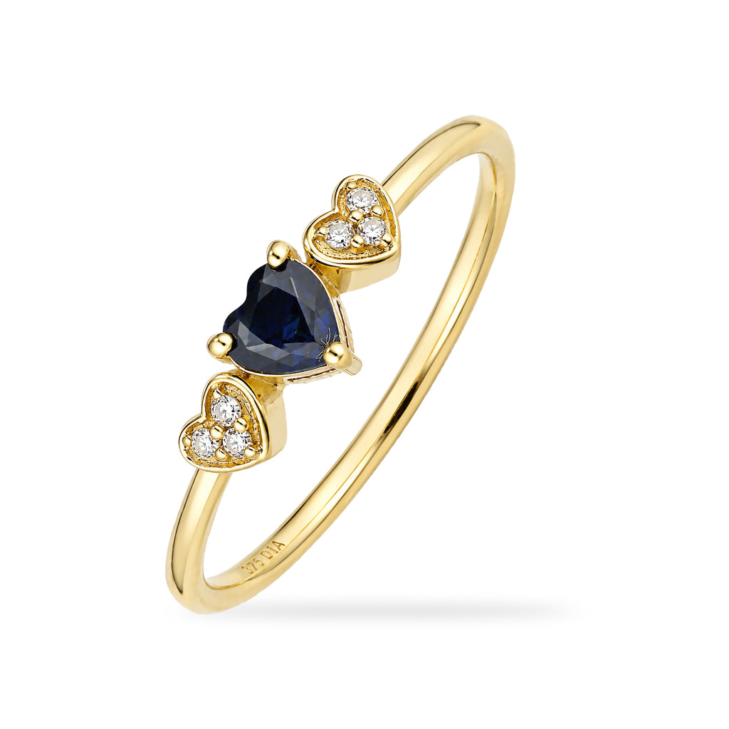 9ct Yellow Gold Sapphire and Diamond Trilogy Heart Ring