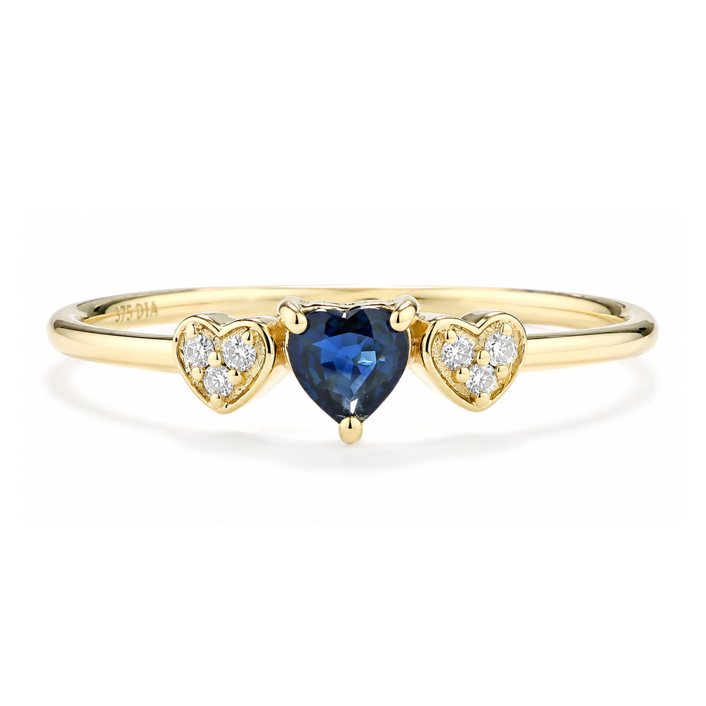 9ct Yellow Gold Sapphire and Diamond Trilogy Heart Ring