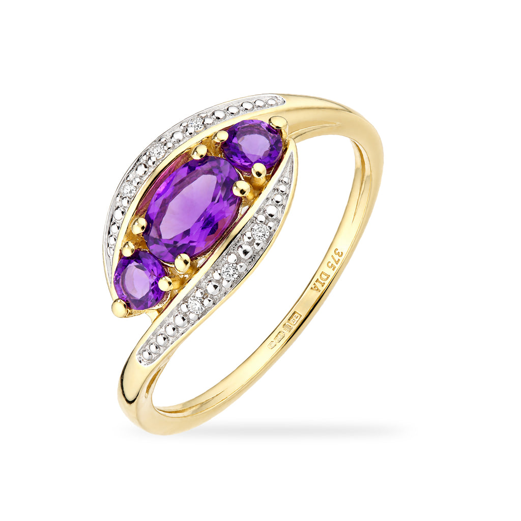 9ct Yellow Gold Amethyst and Diamond Trilogy Crossover Ring