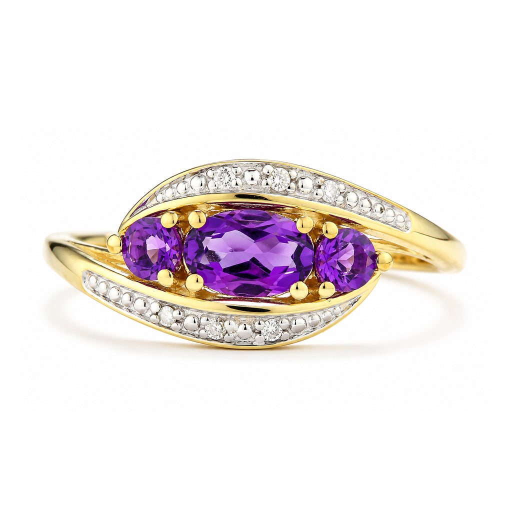 9ct Yellow Gold Amethyst and Diamond Trilogy Crossover Ring