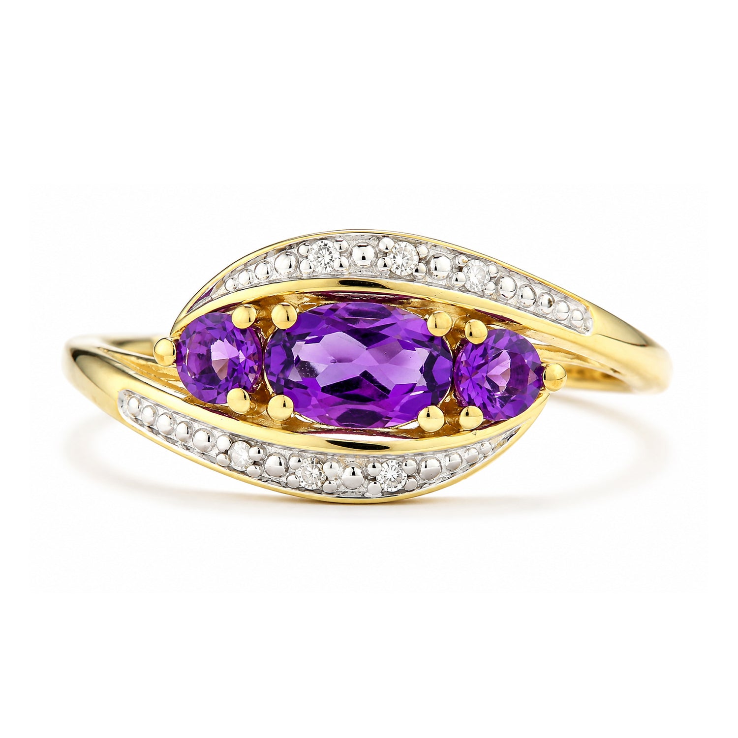 9ct Yellow Gold Amethyst and Diamond Trilogy Crossover Ring