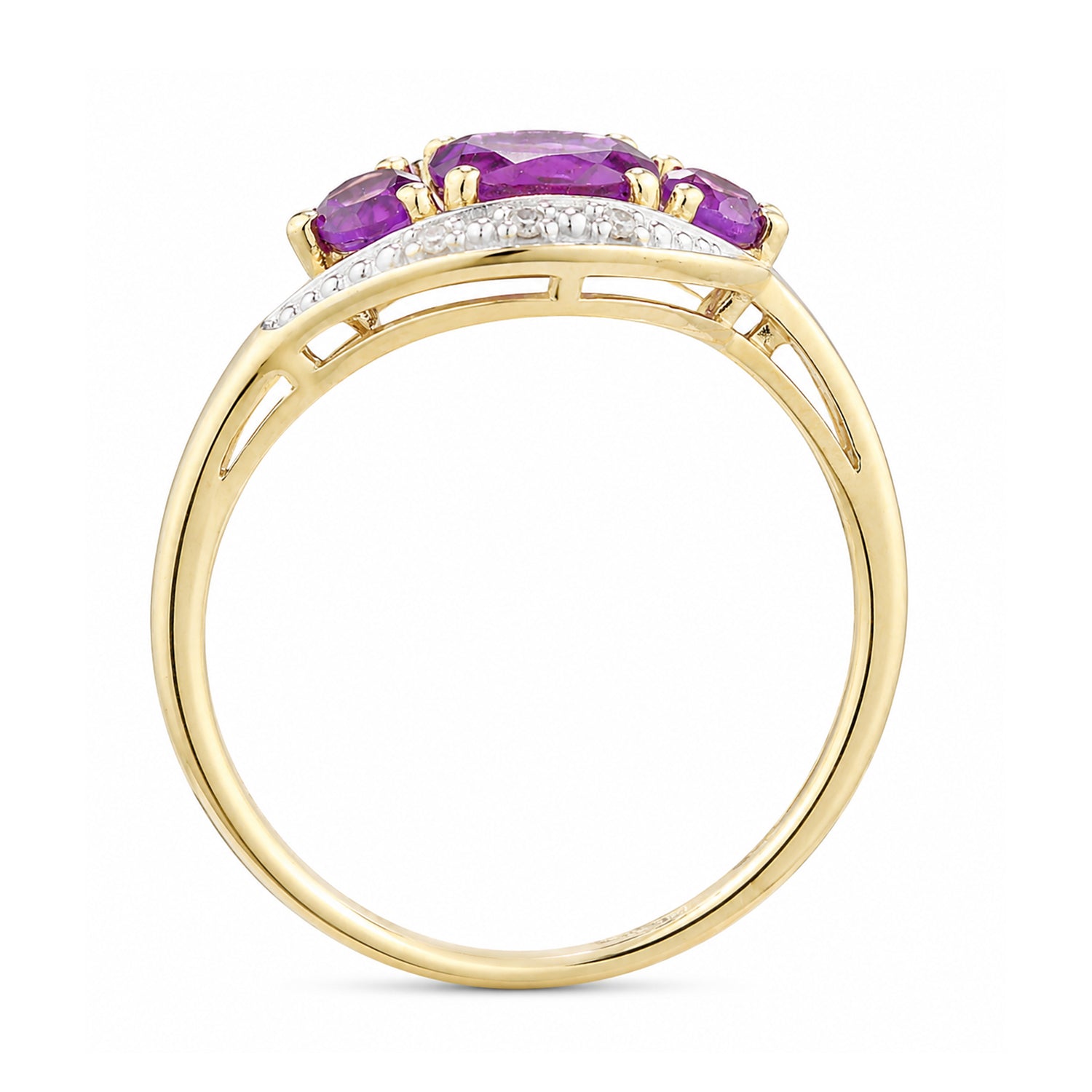9ct Yellow Gold Amethyst and Diamond Trilogy Crossover Ring