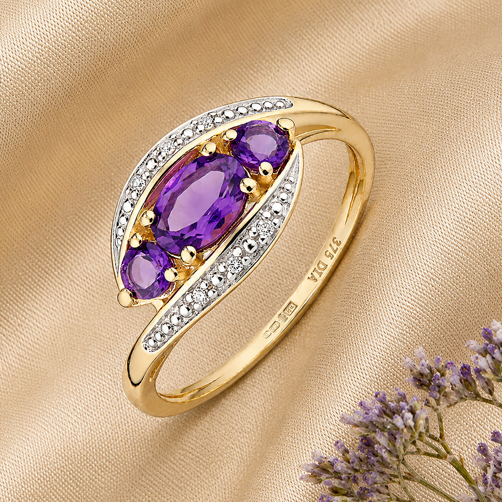 9ct Yellow Gold Amethyst and Diamond Trilogy Crossover Ring