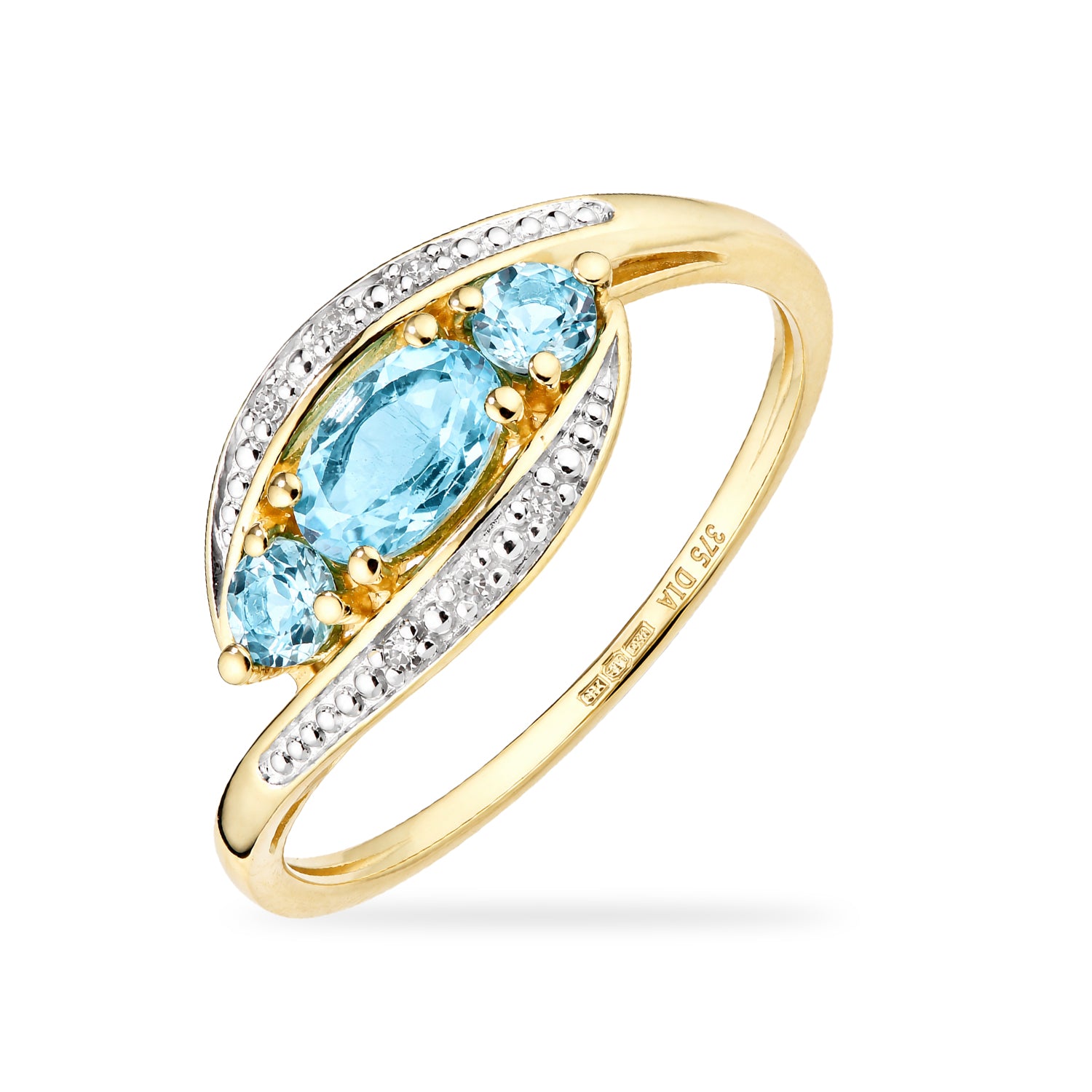 9ct Yellow Gold Blue Topaz and Diamond Trilogy Crossover Ring