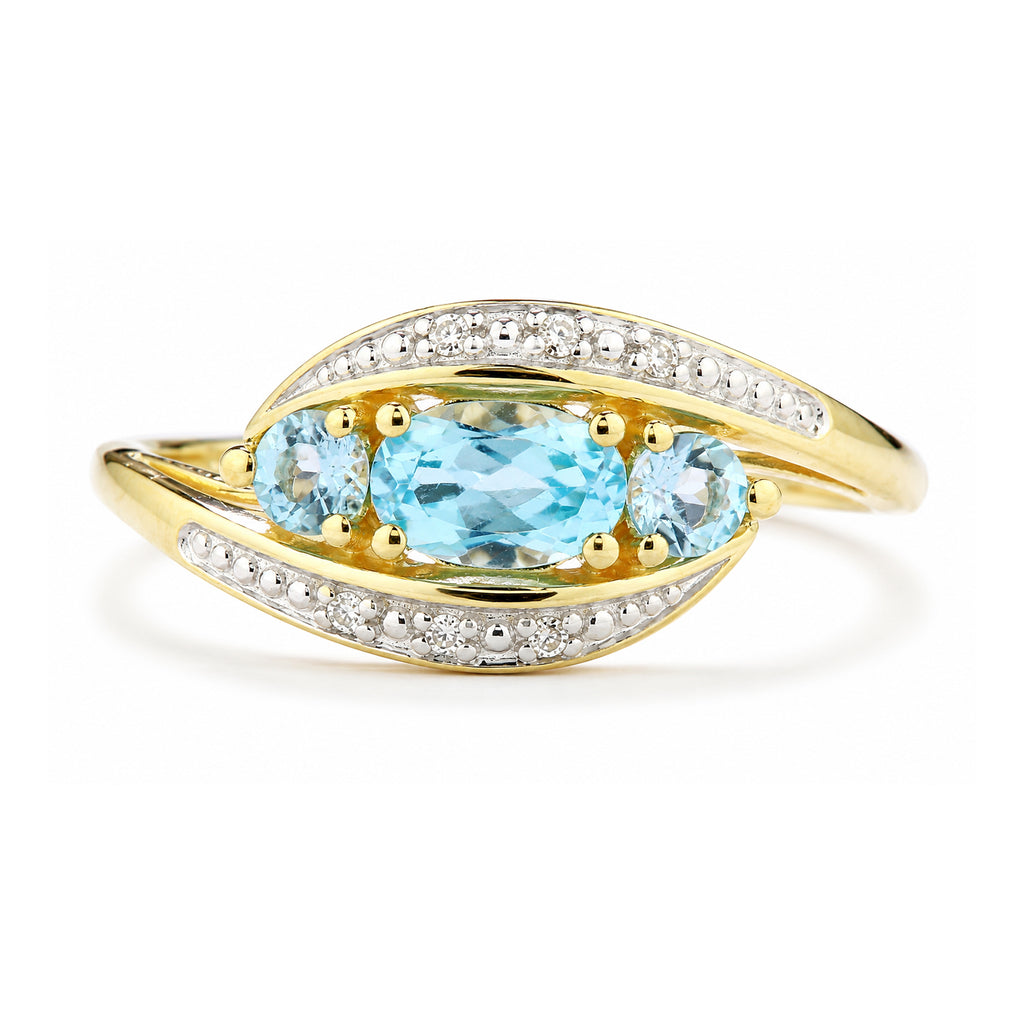 9ct Yellow Gold Blue Topaz and Diamond Trilogy Crossover Ring