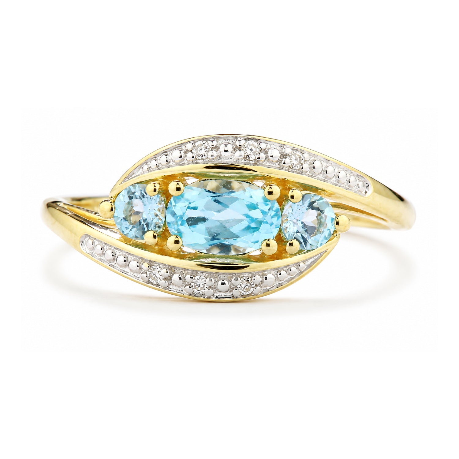 9ct Yellow Gold Blue Topaz and Diamond Trilogy Crossover Ring
