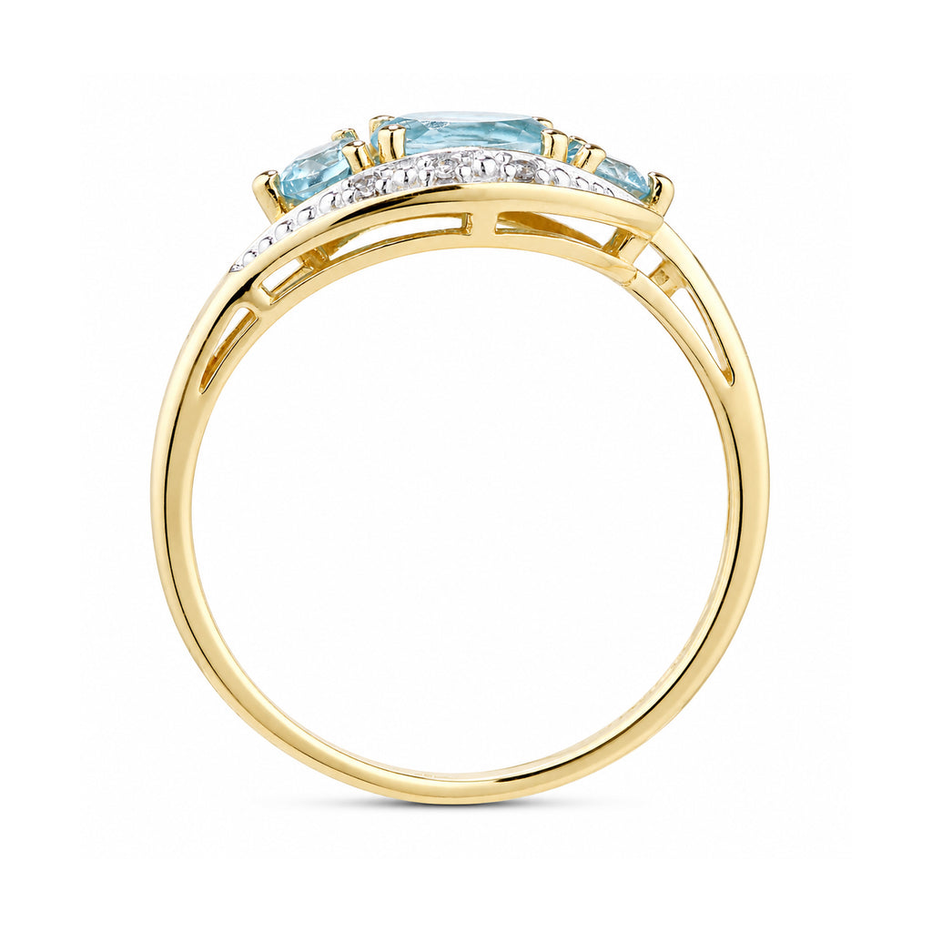 9ct Yellow Gold Blue Topaz and Diamond Trilogy Crossover Ring