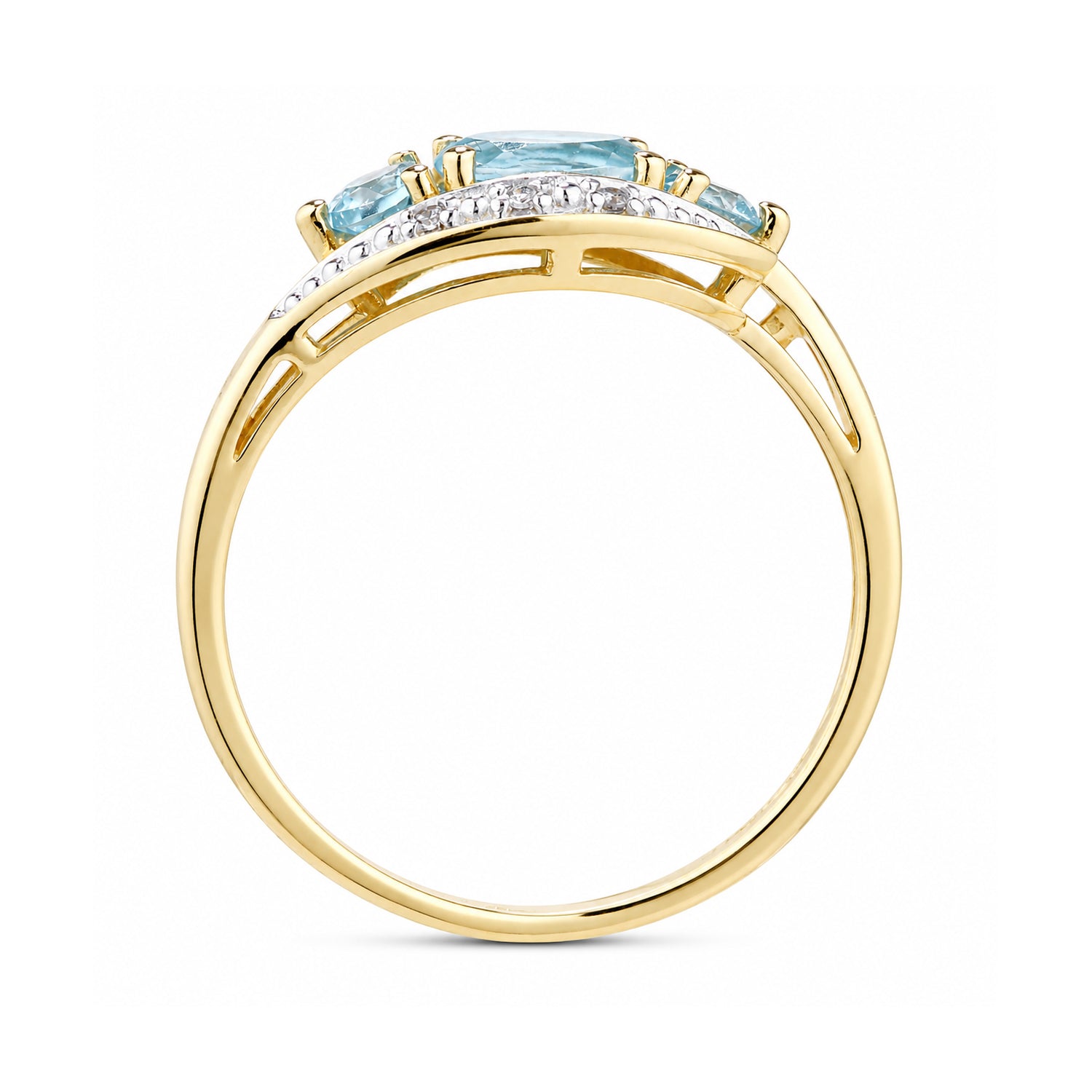 9ct Yellow Gold Blue Topaz and Diamond Trilogy Crossover Ring