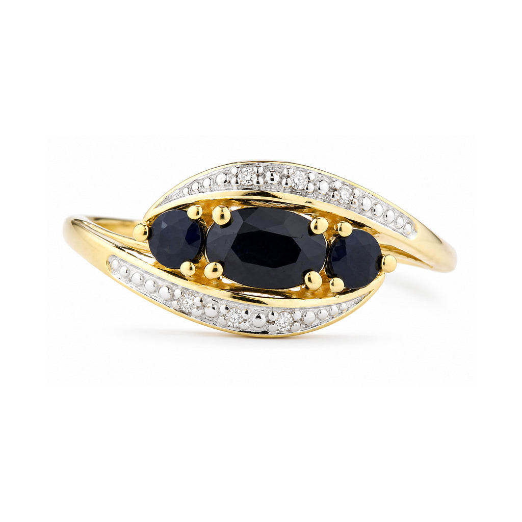 9ct Yellow Gold Sapphire and Diamond Trilogy Crossover Ring