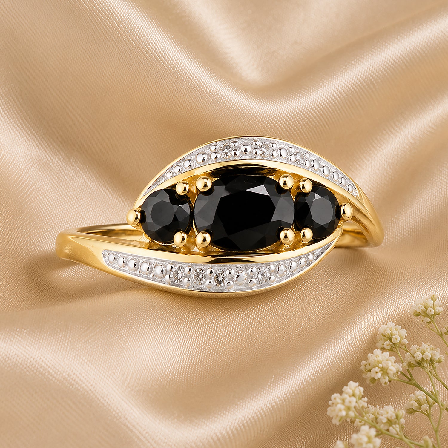 9ct Yellow Gold Sapphire and Diamond Trilogy Crossover Ring