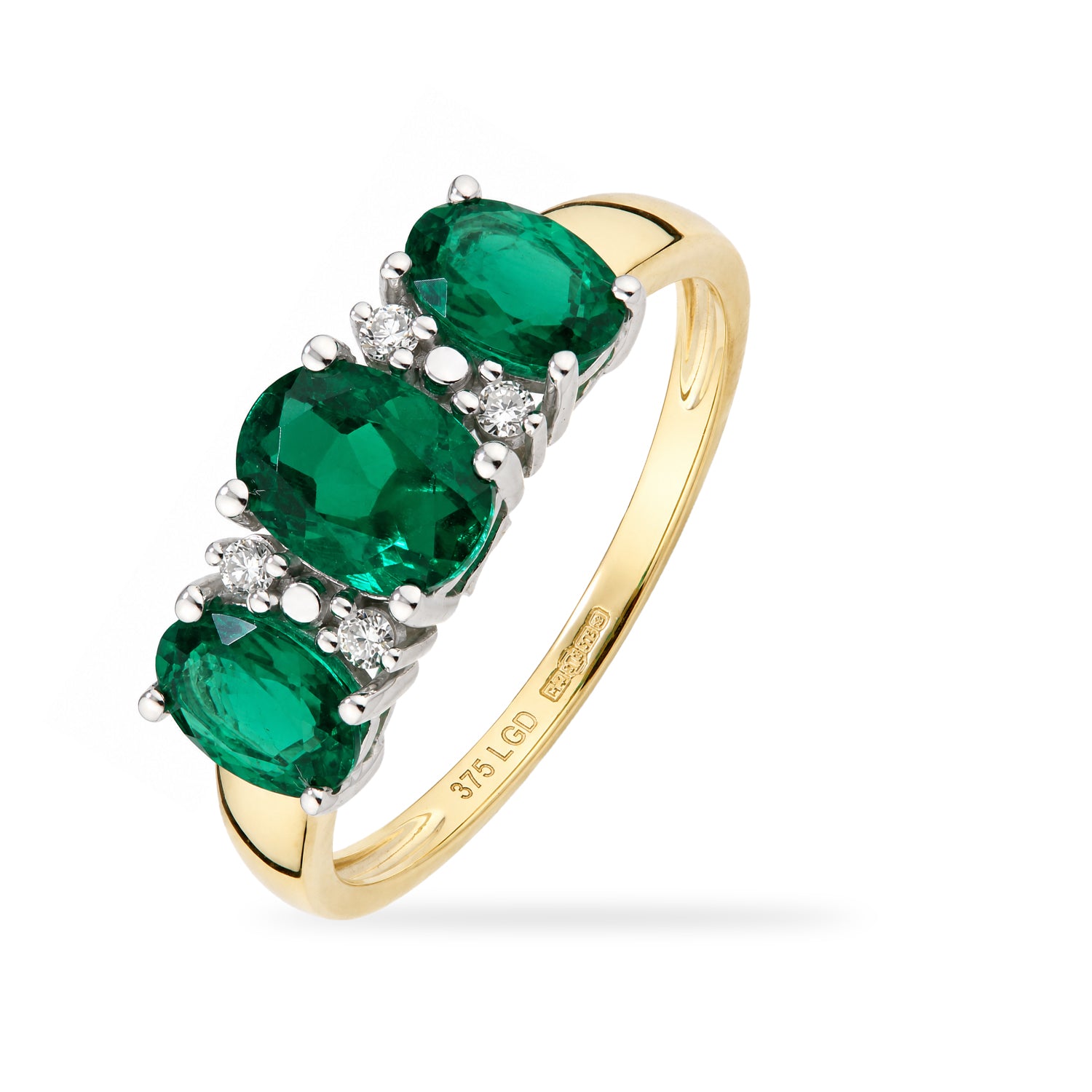 9ct Yellow Gold Lab Emerald and Diamond Trilogy Ring
