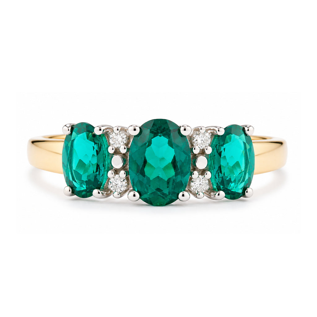 9ct Yellow Gold Lab Emerald and Diamond Trilogy Ring