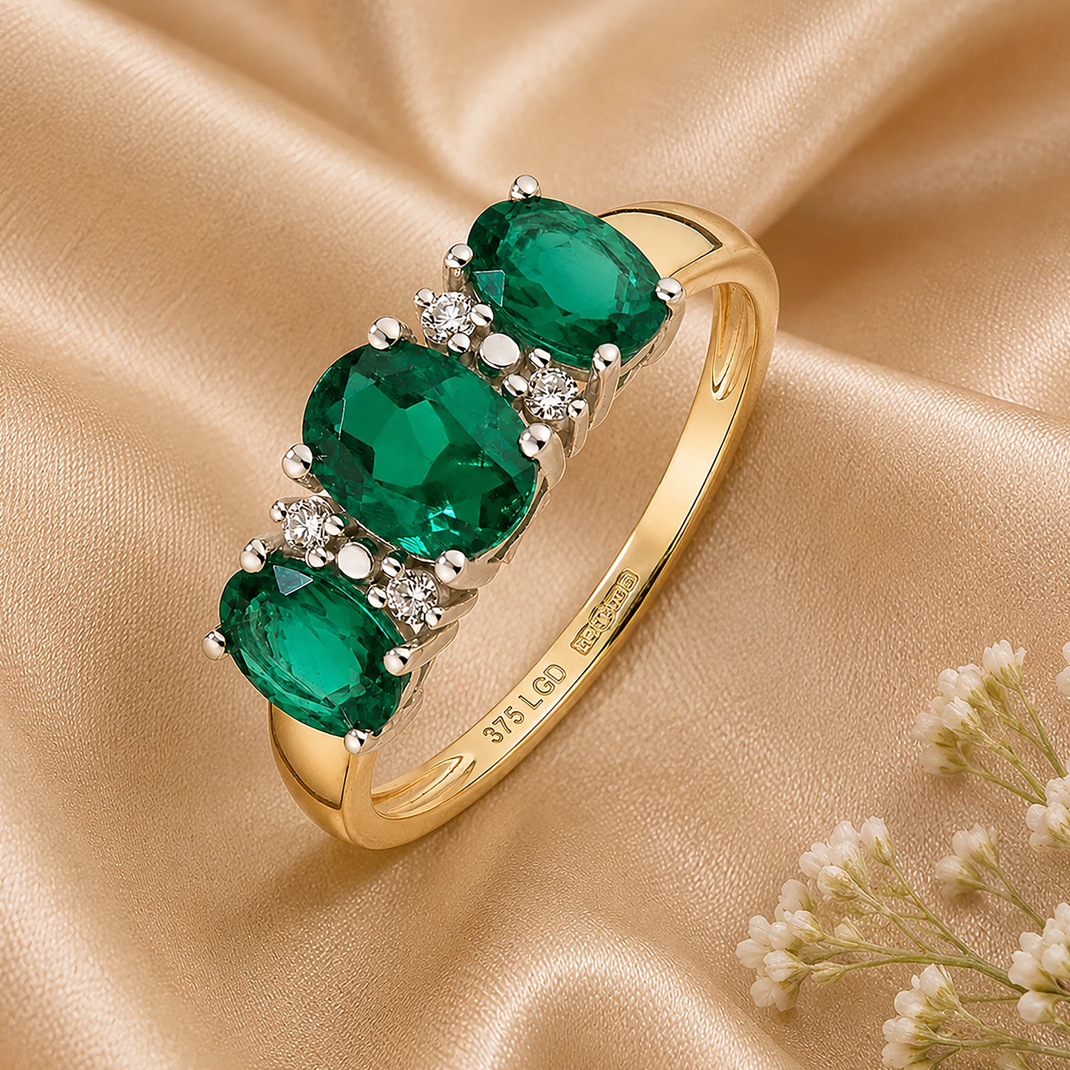 9ct Yellow Gold Lab Emerald and Diamond Trilogy Ring