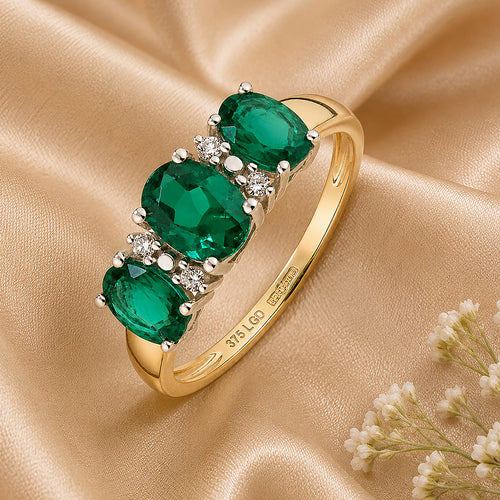 9ct Yellow Gold Lab Emerald and Diamond Trilogy Ring