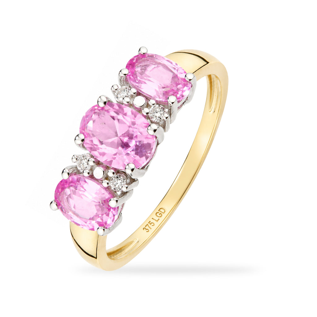 9ct Yellow Gold Lab Pink Sapphire and Diamond Trilogy Ring