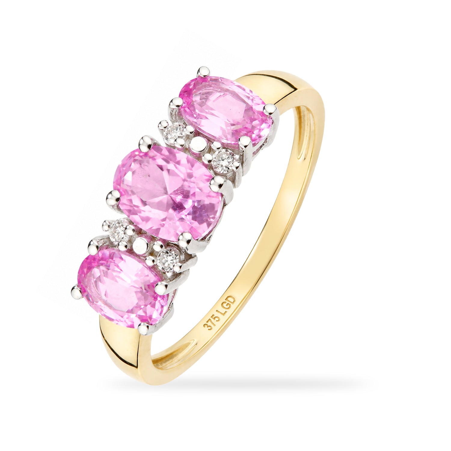 9ct Yellow Gold Lab Pink Sapphire and Diamond Trilogy Ring