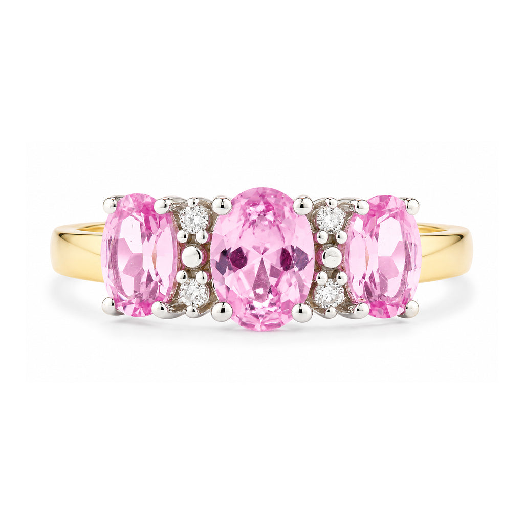 9ct Yellow Gold Lab Pink Sapphire and Diamond Trilogy Ring