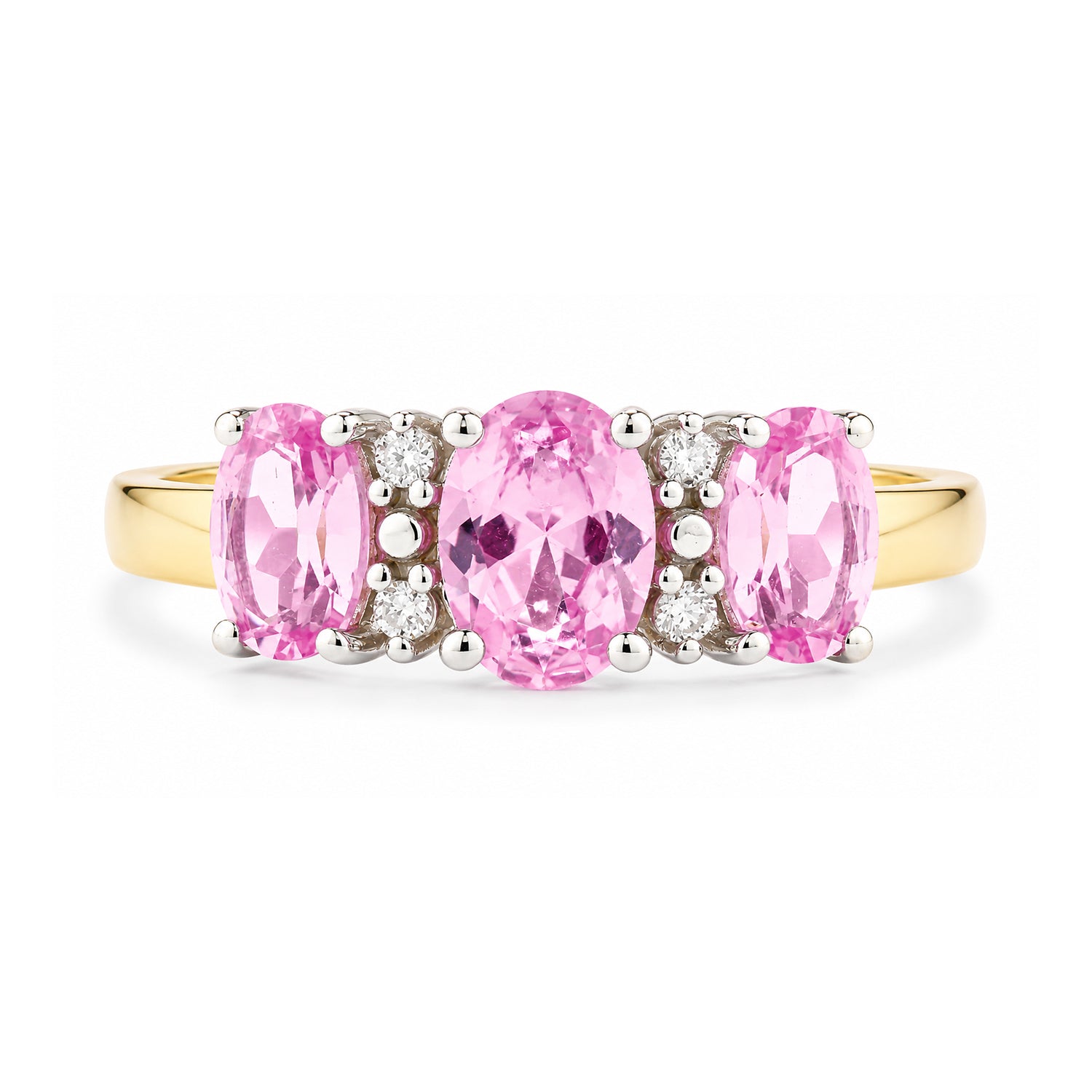 9ct Yellow Gold Lab Pink Sapphire and Diamond Trilogy Ring