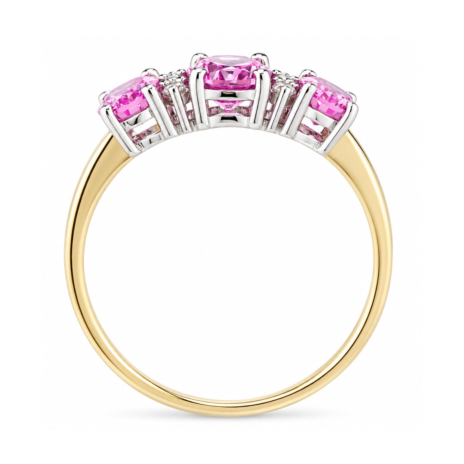 9ct Yellow Gold Lab Pink Sapphire and Diamond Trilogy Ring