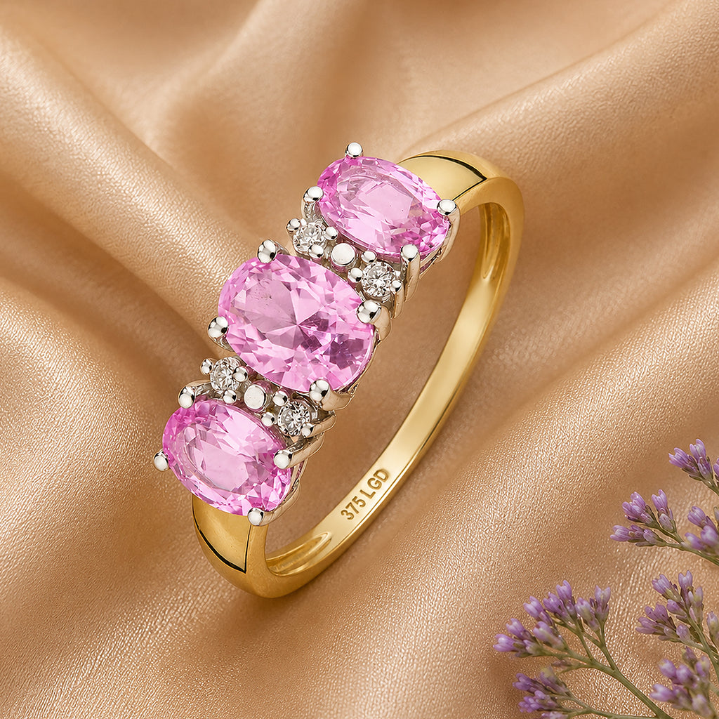 9ct Yellow Gold Lab Pink Sapphire and Diamond Trilogy Ring