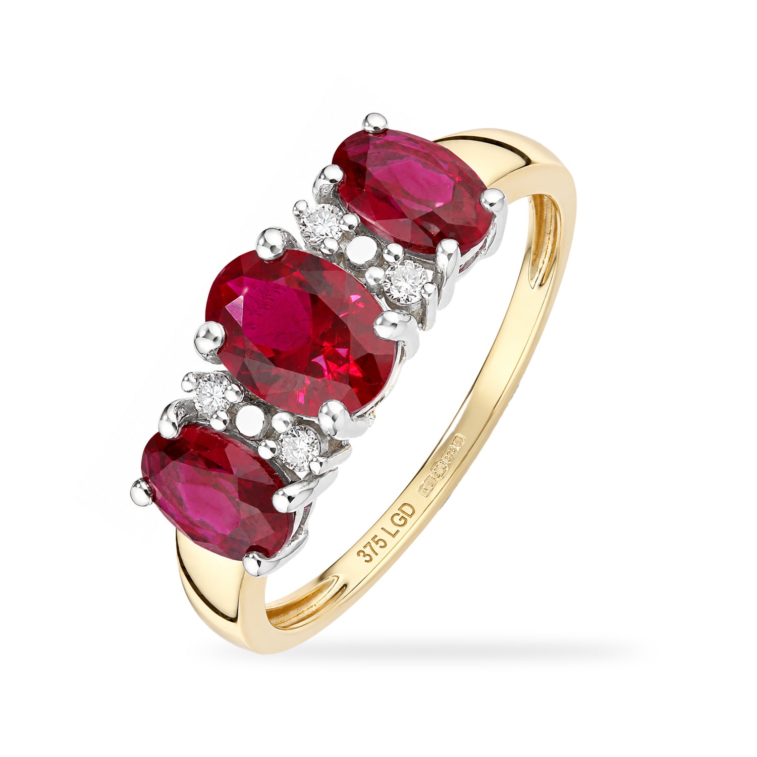 9ct Yellow Gold Lab Ruby and Diamond Trilogy Ring