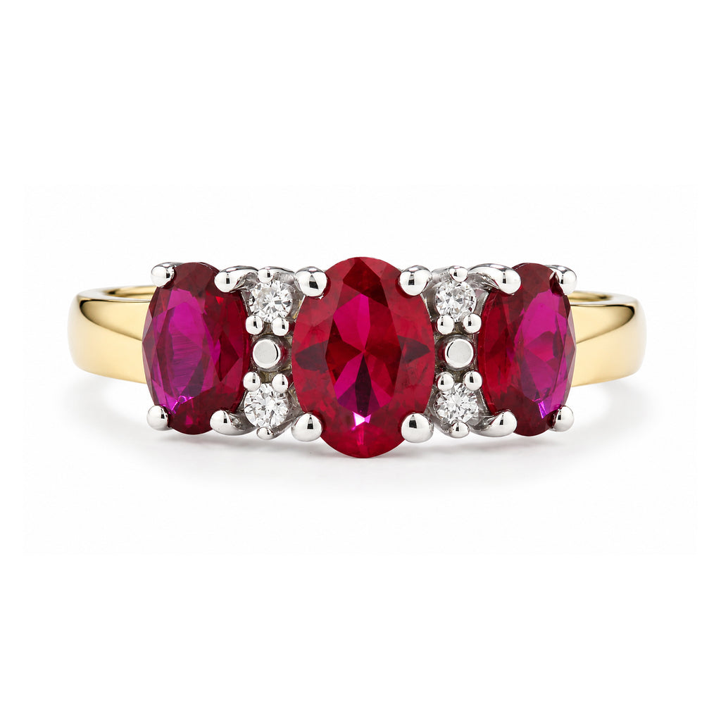 9ct Yellow Gold Lab Ruby and Diamond Trilogy Ring