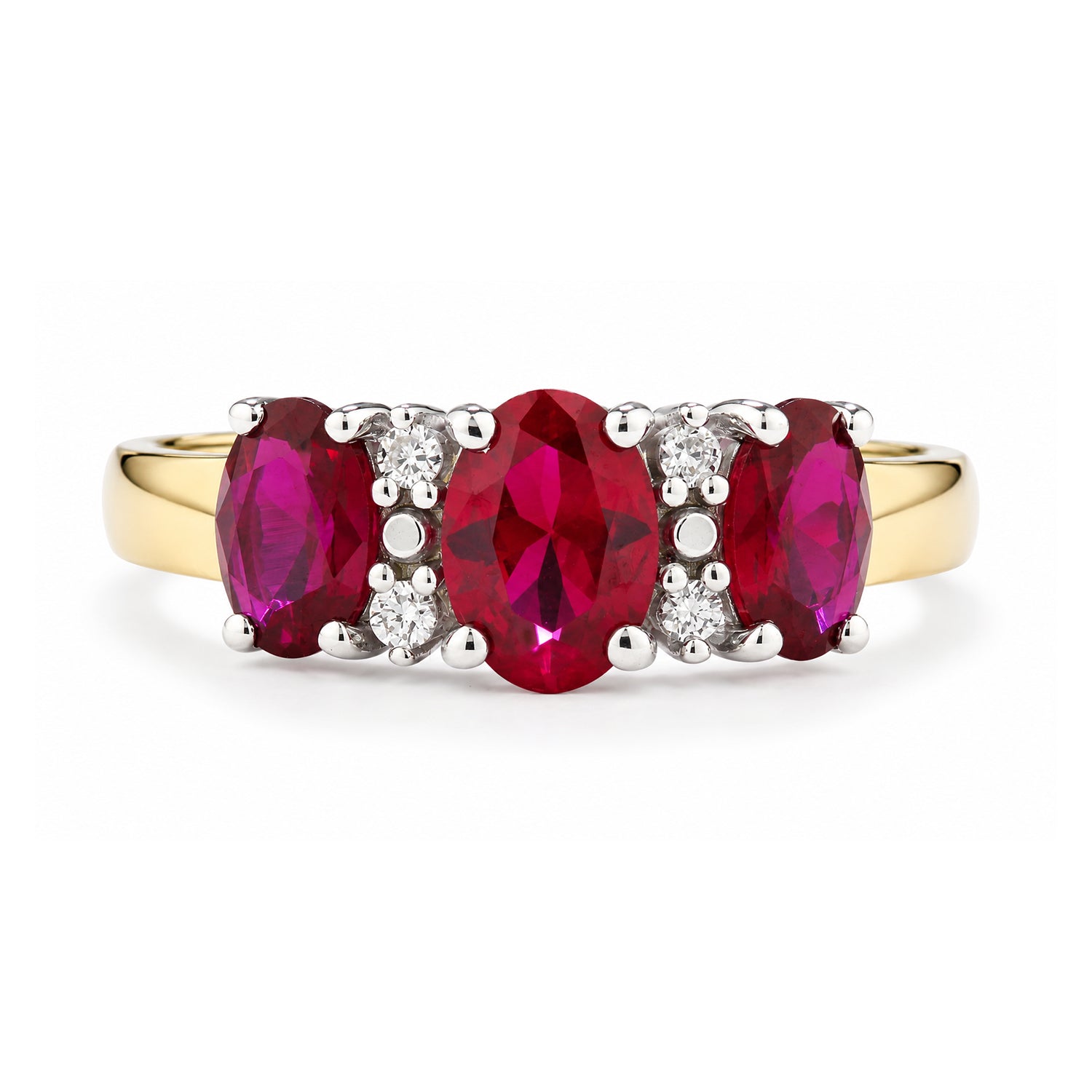 9ct Yellow Gold Lab Ruby and Diamond Trilogy Ring