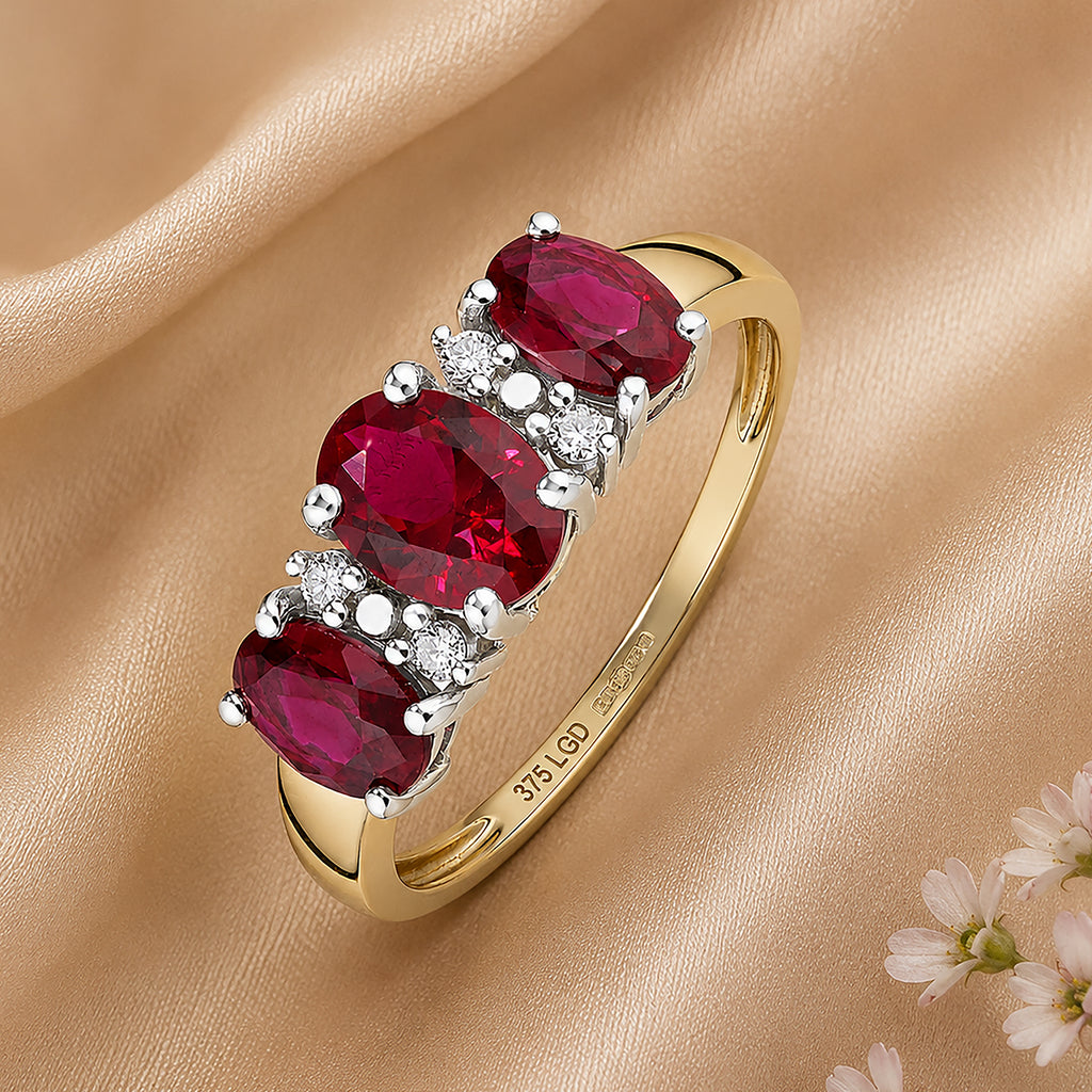 9ct Yellow Gold Lab Ruby and Diamond Trilogy Ring