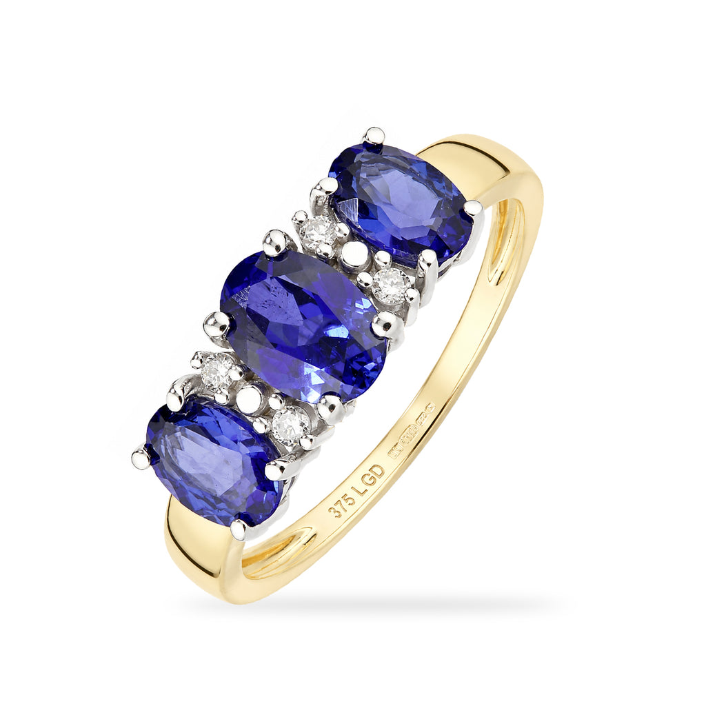 9ct Yellow Gold Lab Sapphire and Diamond Trilogy Ring