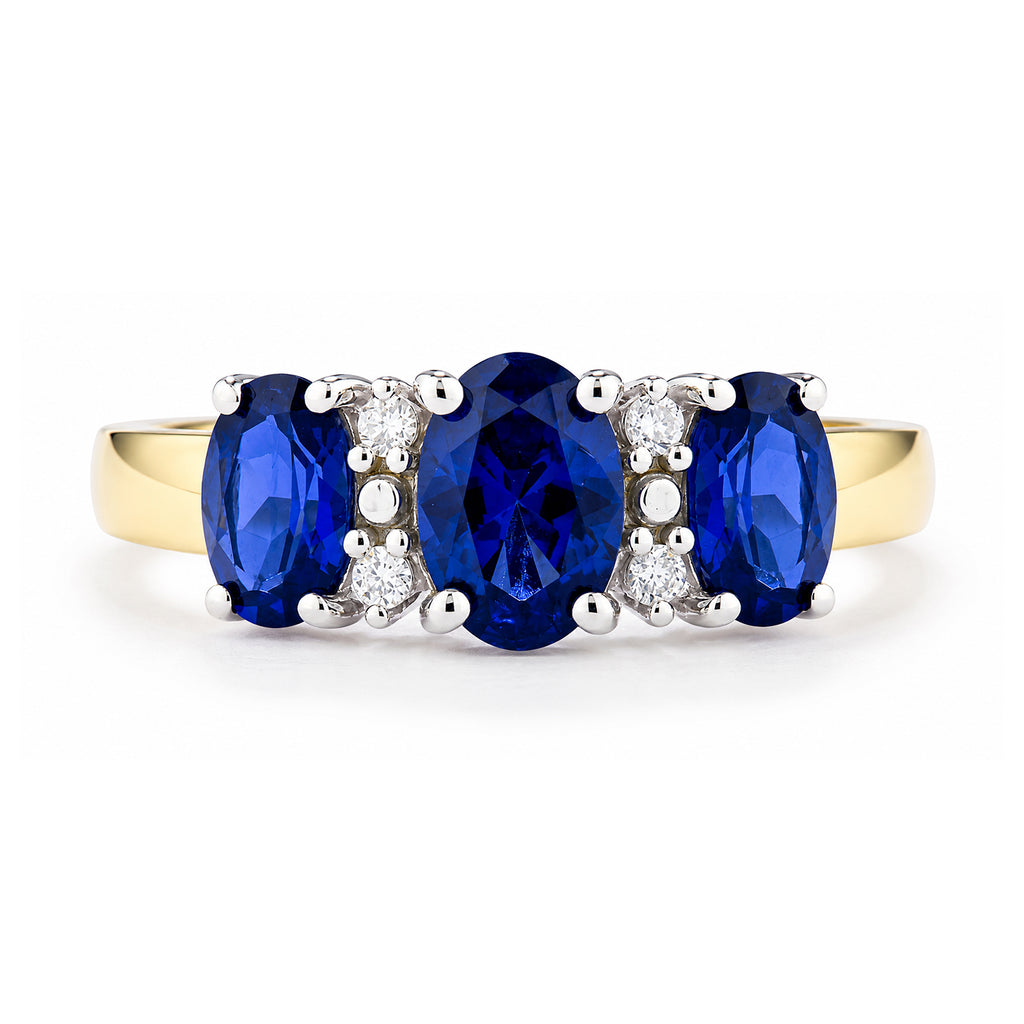 9ct Yellow Gold Lab Sapphire and Diamond Trilogy Ring