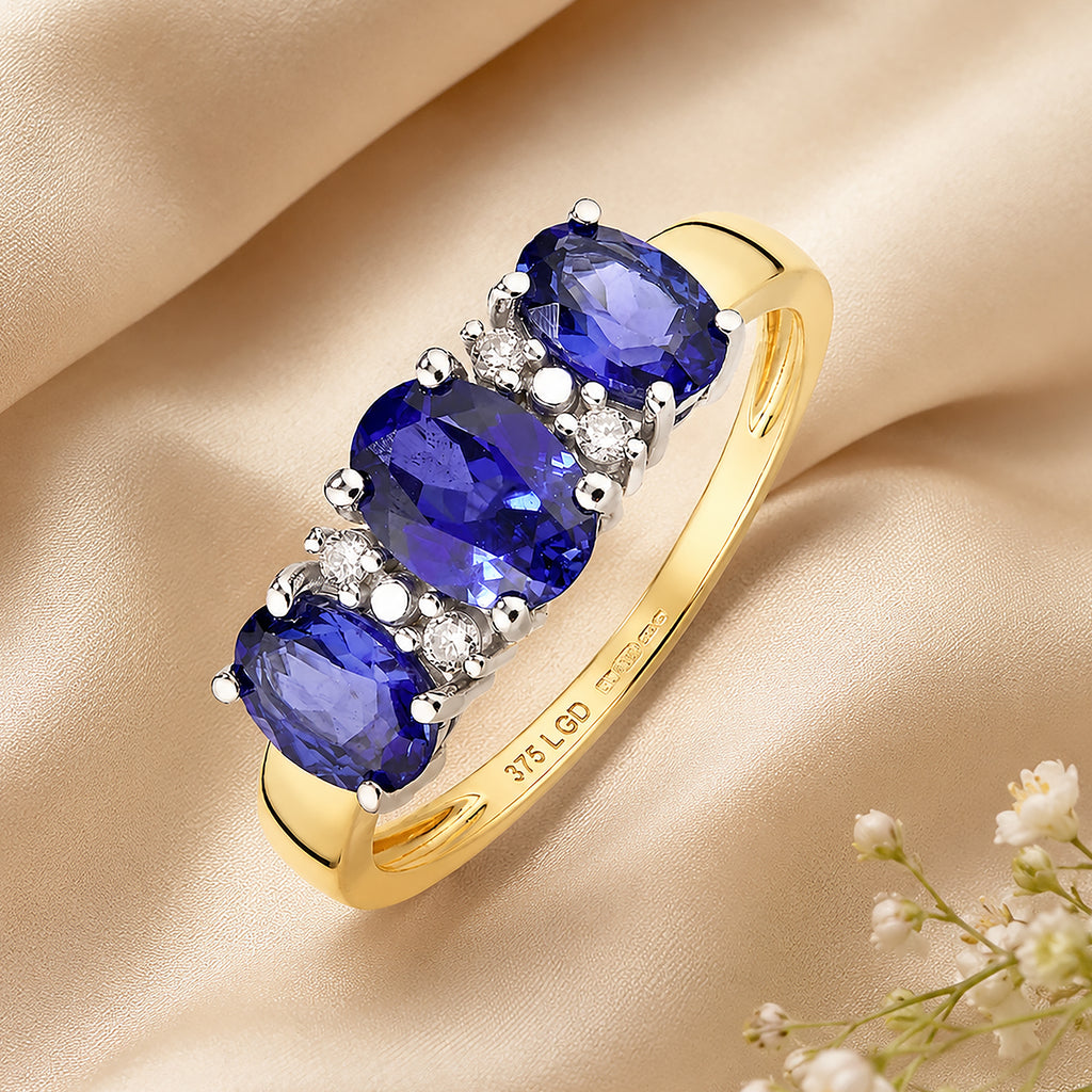 9ct Yellow Gold Lab Sapphire and Diamond Trilogy Ring