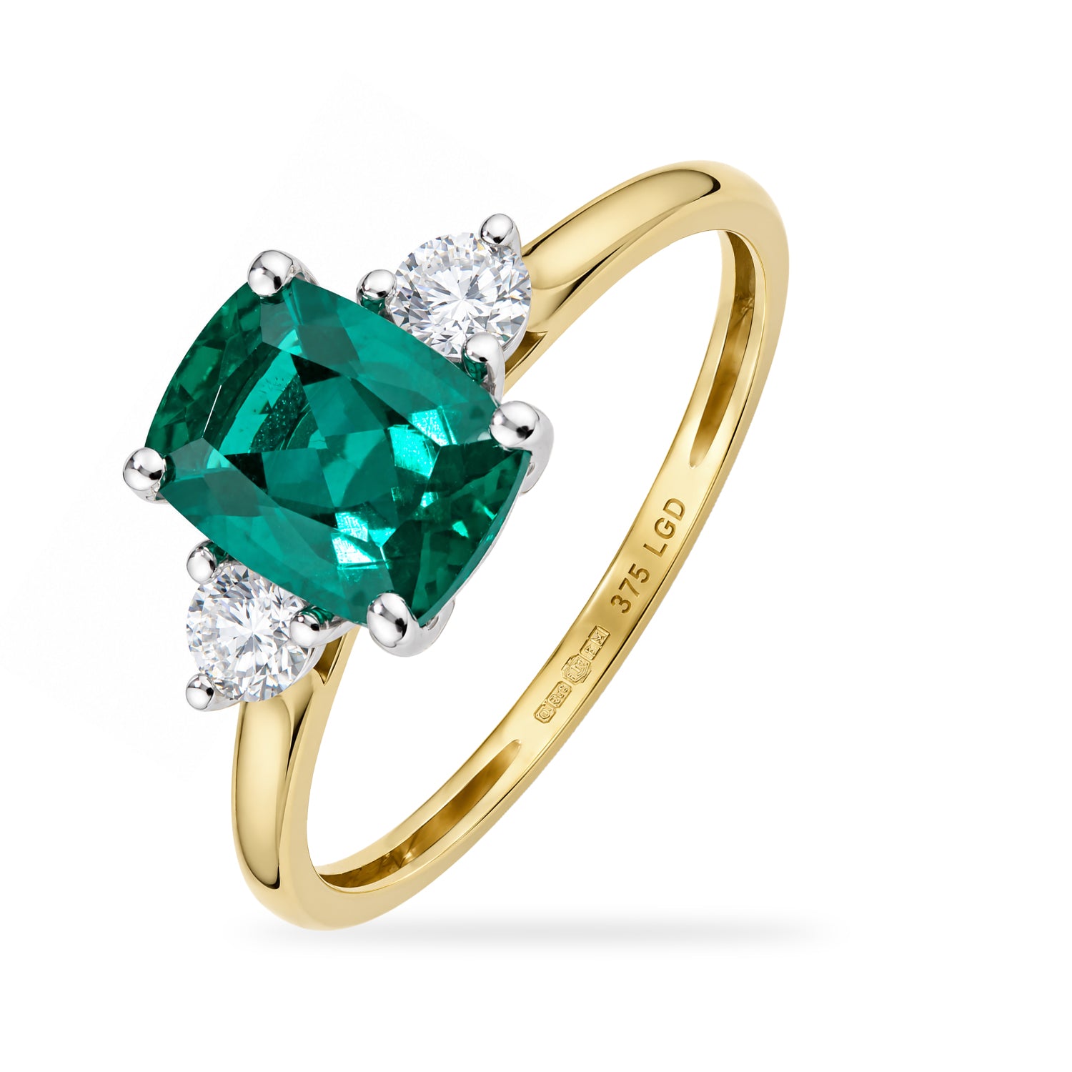9ct Yellow Gold Lab Emerald and Diamond Trilogy Engagement Ring
