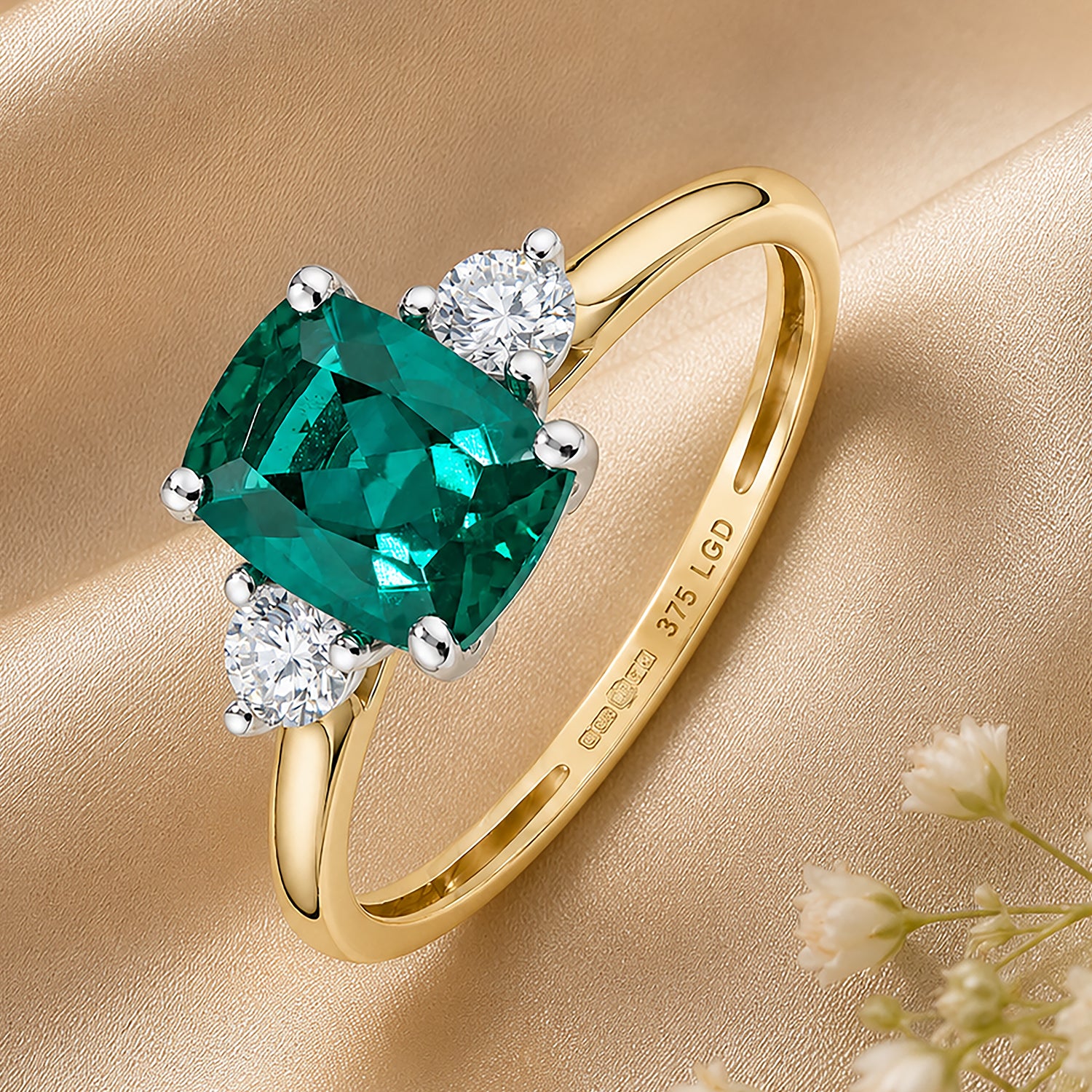 9ct Yellow Gold Lab Emerald and Diamond Trilogy Engagement Ring