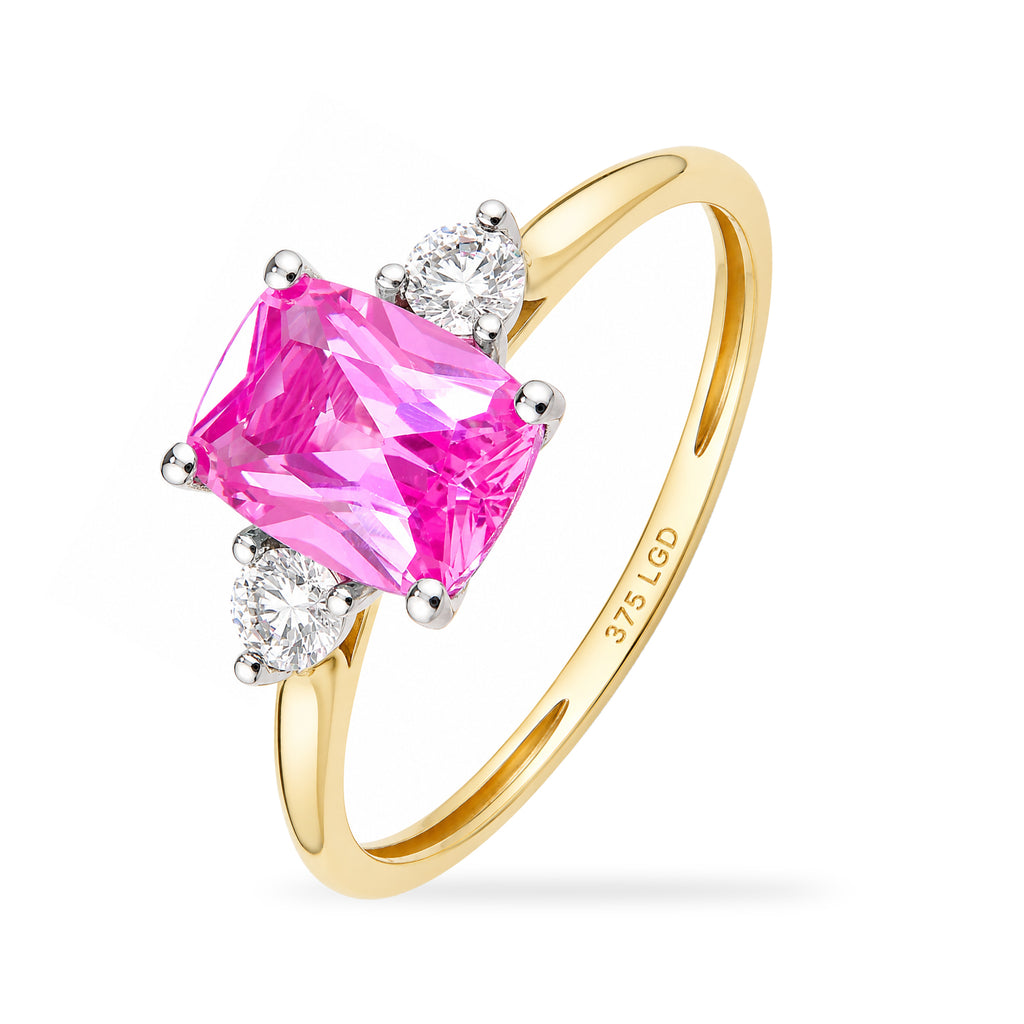 9ct Yellow Gold Lab Pink Sapphire and Diamond Trilogy Engagement Ring