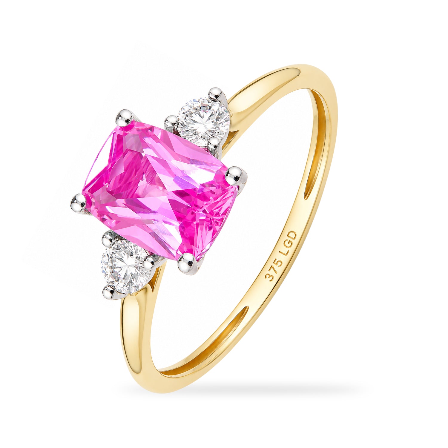 9ct Yellow Gold Lab Pink Sapphire and Diamond Trilogy Engagement Ring