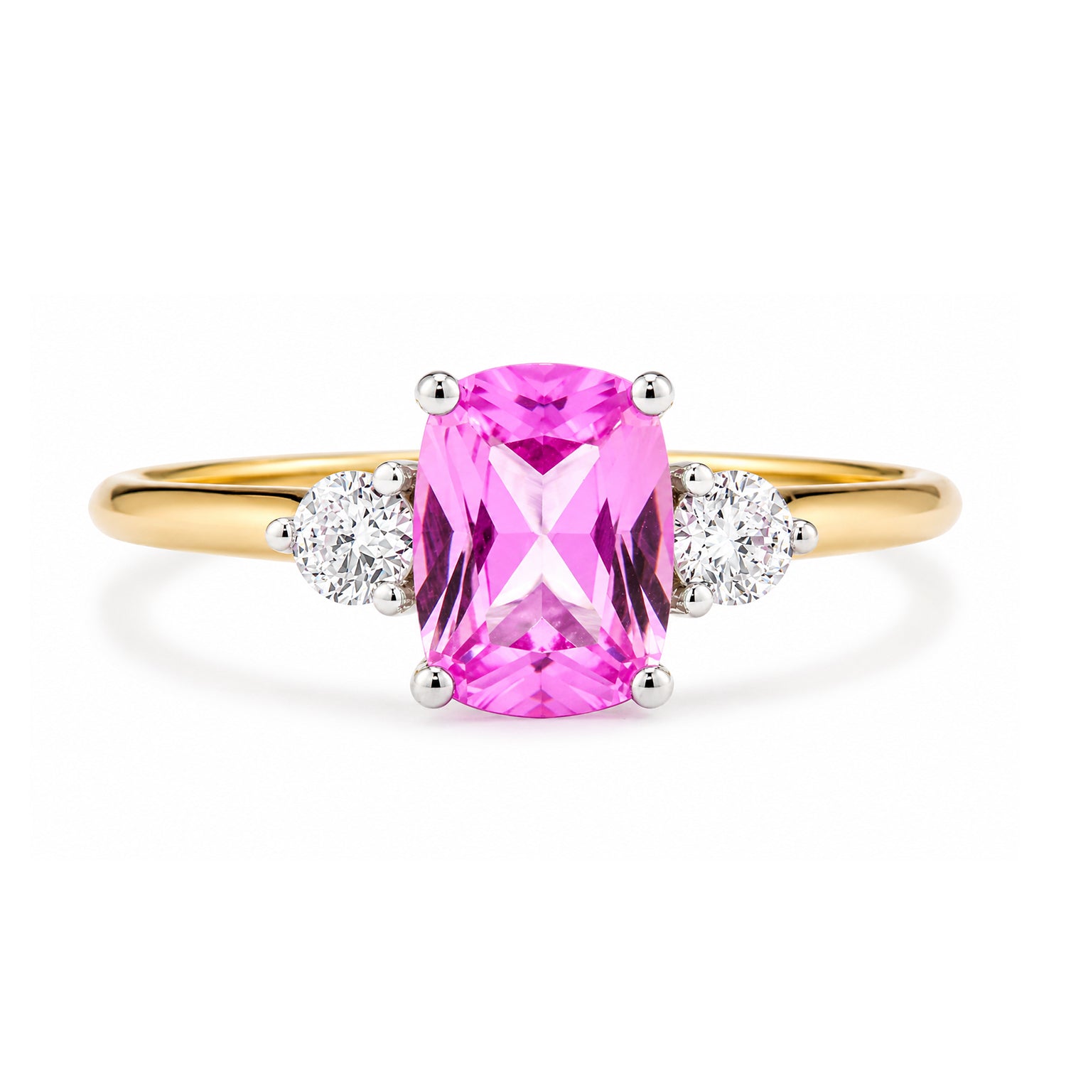 9ct Yellow Gold Lab Pink Sapphire and Diamond Trilogy Engagement Ring