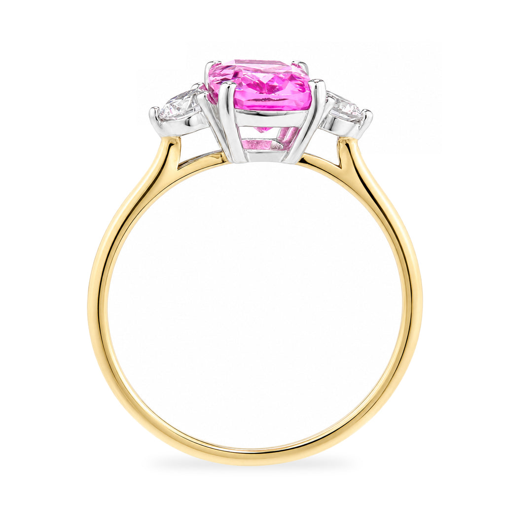 9ct Yellow Gold Lab Pink Sapphire and Diamond Trilogy Engagement Ring